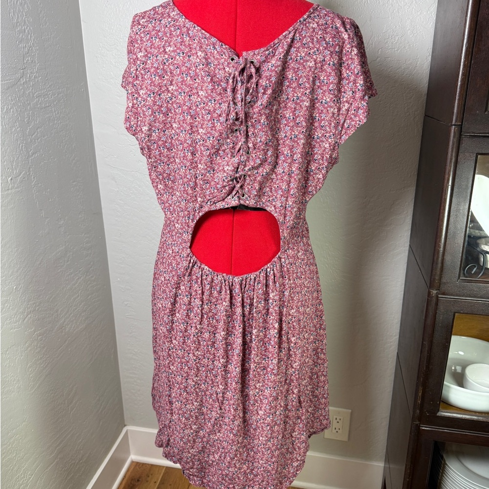 American Eagle Cottagecore Pink Floral Cutout Back Mini Dress Size XL - Picture 6 of 9